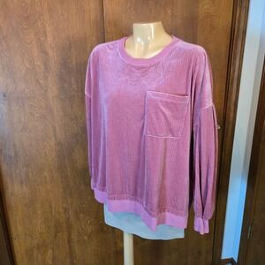 Easel Womens Pullover Top Mauve Medium Ribbed Crushed Velour Oversized Pocket